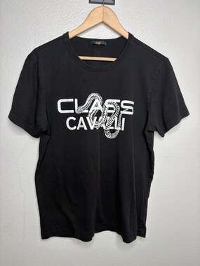 Cavalli Class Size MEDIUM Black All Over Logo Print Graphic Tee Shirt Designer